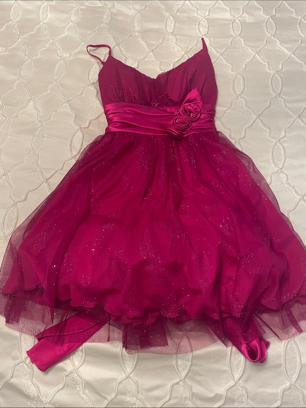 B. Smart Fuchsia Sparkle Tulle Dress with Rosette Sash